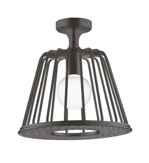 Deckenlampe mit einem Gitterdesign aus Metall in gebürstetem Schwarz chrom. Ausstattung mit einer runden Glühbirne. Marke: AXOR.